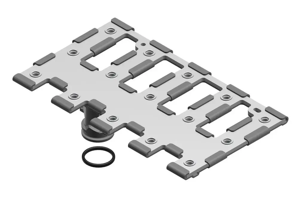 Grafische Darstellung eines Bosch Gasverteilers mit mehreren Öffnungen, einer zentralen Halterung und einer Dichtung. Die Oberfläche ist in Metalloptik mit grauen Gummielementen.